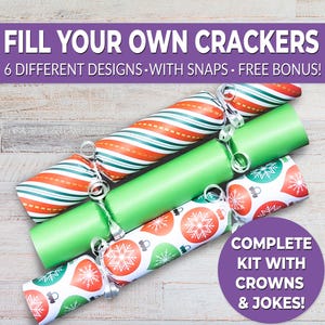 6 Traditional Christmas crackers w/ snaps. Fill your own DIY Christmas popper kit with snaps, jokes, & hats, for adults and kids