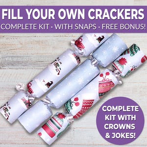 6 Eco Friendly Christmas crackers w/ snaps. Fill your own DIY Christmas cracker kit with snaps, jokes, & hats, for adults and kids