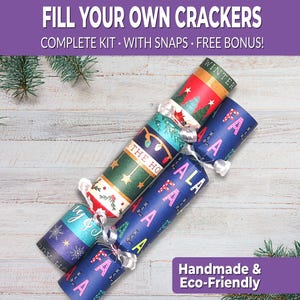 6 Eco Friendly Christmas crackers w/ snaps. Fill your own DIY Christmas cracker kit with snaps, jokes, & hats, for adults and kids