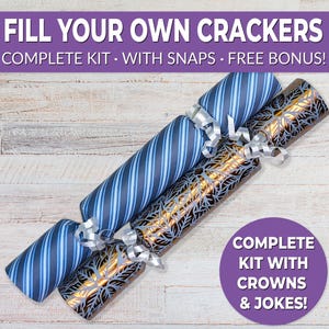 6 Eco Friendly Christmas crackers w/ snaps. Fill your own DIY Christmas cracker kit with snaps, jokes, & hats, for adults and kids