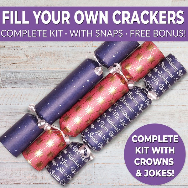 6 Christmas crackers w/ snaps. Fill your own DIY Christmas cracker kit with snaps, jokes, & hats, for adults and kids