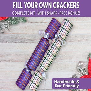 6 Eco Friendly Christmas crackers w/ snaps. Fill your own DIY Christmas cracker kit with snaps, jokes, & hats, for adults and kids