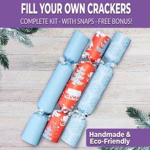 6 Eco Friendly Christmas crackers w/ Snaps for adults, for children. Fill your own crackers. Complete kit with snaps, hats, & jokes.
