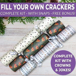 6 Eco Friendly Christmas crackers w/ snaps. Fill your own DIY Christmas cracker kit with snaps, jokes, & hats, for adults and kids