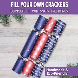 6 Eco Friendly Christmas crackers w/ snaps. Fill your own DIY Christmas cracker kit with snaps, jokes, & hats, for adults and kids