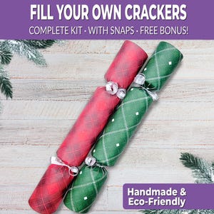 6 Eco Friendly Christmas crackers w/ snaps. Fill your own DIY Christmas cracker kit with snaps, jokes, & hats, for adults and kids