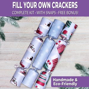 May include: A complete kit for filling your own crackers. The kit includes crackers with various winter-themed designs, including snowflakes, mittens, and snow-covered scenes. The text "Fill Your Own Crackers" is displayed at the top.