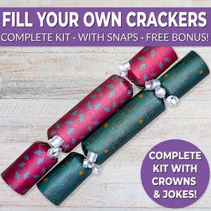 6 Eco Friendly Christmas crackers w/ snaps. Fill your own DIY Christmas cracker kit with snaps, jokes, & hats, for adults and kids