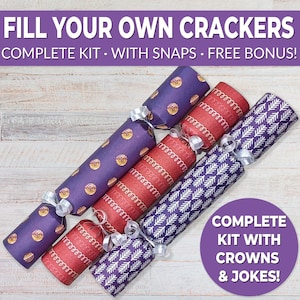 6 Eco Friendly Christmas crackers w/ snaps. Fill your own DIY Christmas cracker kit with snaps, jokes, & hats, for adults and kids
