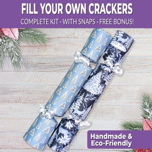 6 Eco Friendly Christmas crackers w/ snaps. Fill your own DIY Christmas cracker kit with snaps, jokes, & hats, for adults and kids