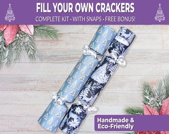 6 Eco Friendly Christmas crackers w/ snaps. Fill your own DIY Christmas cracker kit with snaps, jokes, & hats, for adults and kids