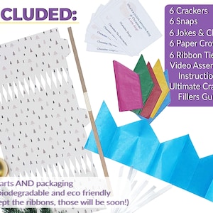 May include: An assortment of Christmas cracker components, including crackers, snaps, jokes, paper crowns, and ribbon ties. The packaging is white with a pattern of gray trees. The image also includes text that says "Included" and "All parts AND packaging are biodegradable and eco friendly".