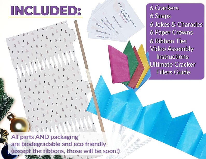 May include: An assortment of Christmas cracker components, including crackers, snaps, jokes, paper crowns, and ribbon ties. The packaging is white with a pattern of gray trees. The image also includes text that says "Included" and "All parts AND packaging are biodegradable and eco friendly".
