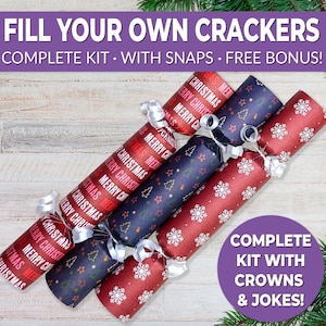 6 Eco Friendly Christmas crackers w/ snaps. Fill your own DIY Christmas cracker kit with snaps, jokes, & hats, for adults and kids