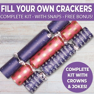 6 Eco Friendly Christmas crackers w/ snaps. Fill your own DIY Christmas cracker kit with snaps, jokes, & hats, for adults and kids