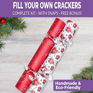 6 Traditional Red Christmas crackers w/ snaps. Fill your own DIY Christmas popper kit with snaps, jokes, & hats, for adults and children