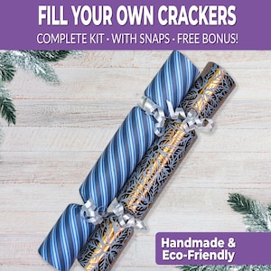 6 Eco Friendly Christmas crackers w/ snaps. Fill your own DIY Christmas cracker kit with snaps, jokes, & hats, for adults and kids