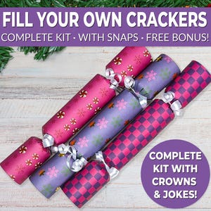 6 Eco Friendly Christmas crackers w/ snaps. Fill your own DIY Christmas cracker kit with snaps, jokes, & hats, for adults and kids
