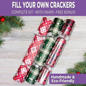 6 Eco Friendly Christmas crackers w/ snaps. Fill your own DIY Christmas cracker kit with snaps, jokes, & hats, for adults and kids