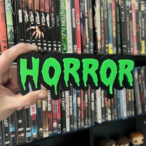 HORROR 3D Printed Sign | Horror Logo | Black Light Neon Green Horror Sign | Movie Genre Shelf Display | Horrom Room Decor