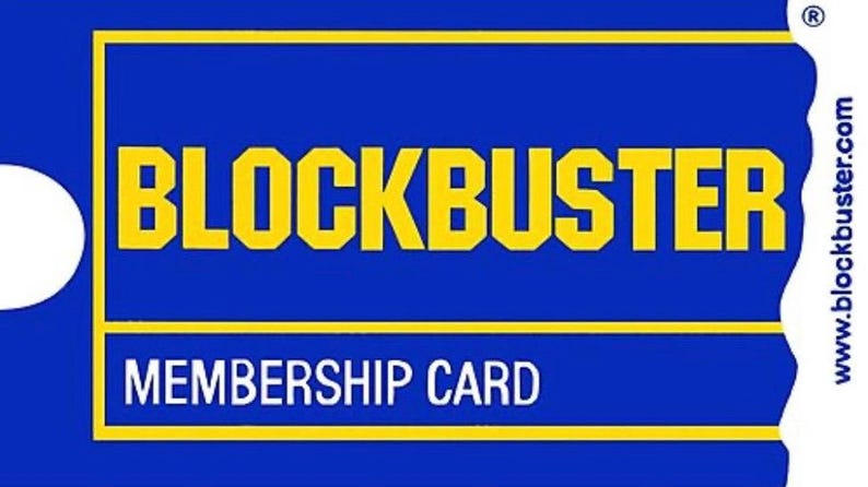 May include: A blue and yellow membership card for Blockbuster Video. The card has the Blockbuster logo and the text "MEMBERSHIP CARD" on it. The website address www.blockbuster.com is printed on the right side of the card.
