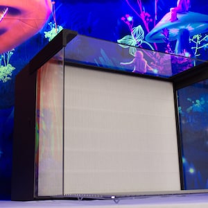 May include: A black glass display case with a white background. The case is illuminated with blue and purple lights. The case is sitting on a white surface.