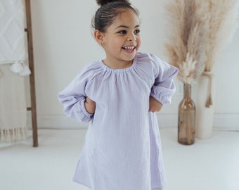 Organic Cotton Gathered Dress, Baby & Toddler Girl Muslin Dress, Baby Shower Gift