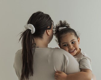 Mommy & Me Scrunchie Set, Linen/Organic Cotton Blend Scrunchies, Elastic Hair Tie, Baby Shower Gift