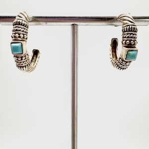 VTG Solid Sterling Silver 925 Turquoise Half Hoop Earrings Size 1" Length