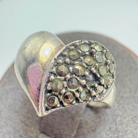 Marcasite Heart Statement Ring VTG Solid Sterling… - image 5