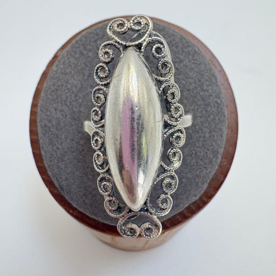 Marquise Scroll Border Statement Ring VTG Silver … - image 1