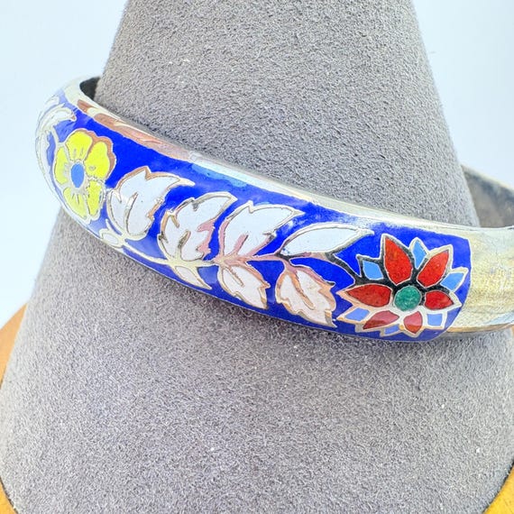 Floral Enamel Sterling Silver 925 Hinged Bangle Bracelet Size 7.5" Fit View 4