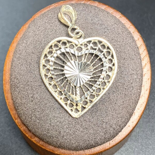 Sterling Silver 925 Textured Filigree Design Heart Pendant Size 1.25'' Length