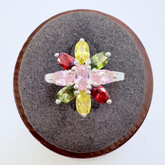 Multi-Gemstone Flower Design Statement Ring VTG S… - image 1