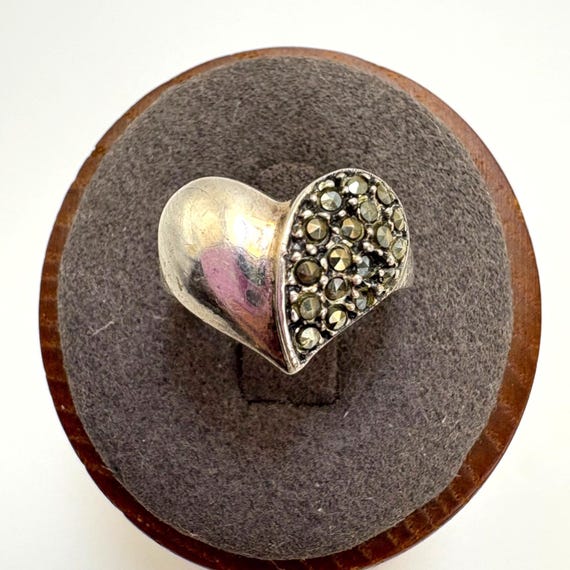 Marcasite Heart Statement Ring VTG Solid Sterling… - image 1