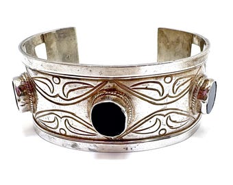 Black Onyx Wide Cuff Bracelet Heavy 925 Sterling Silver Scroll Leaf Design Lg