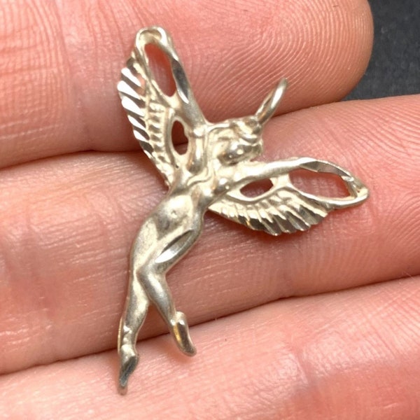 VTG Solid Sterling Silver 925 Textured Winged Angel Pendant Size 1'' Length