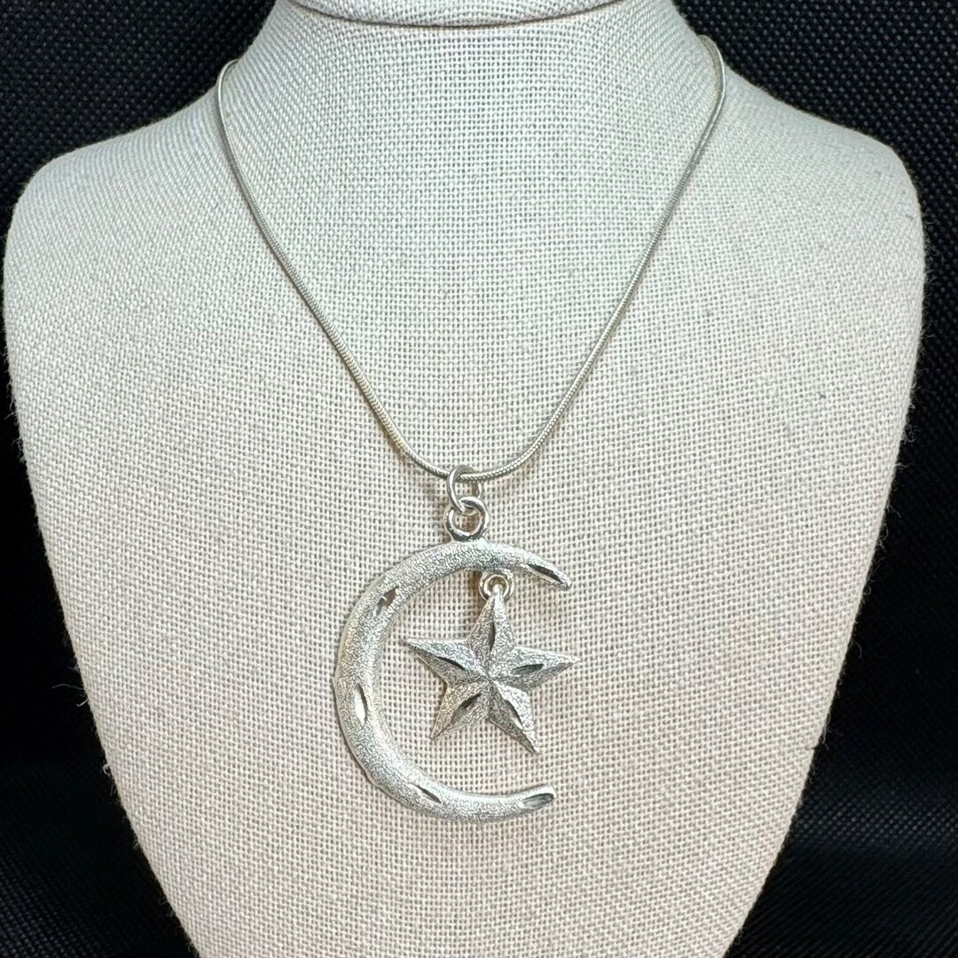 Sterling Silver 925 Textured Crescent Moon & Star Pendant Necklace 18 ...