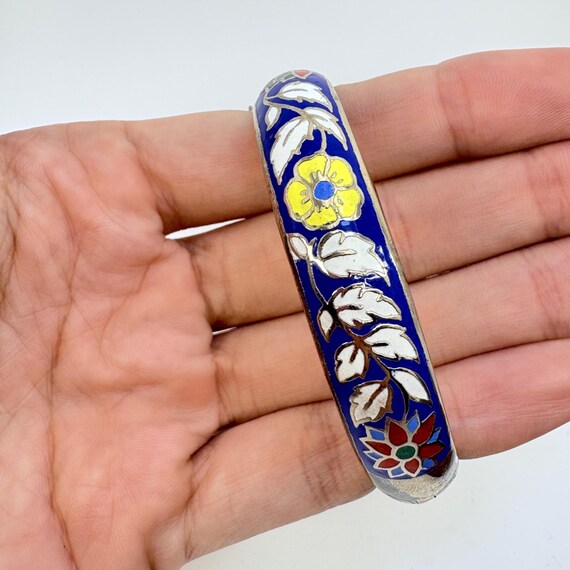 Floral Enamel Sterling Silver 925 Hinged Bangle Bracelet Size 7.5" Fit View 5