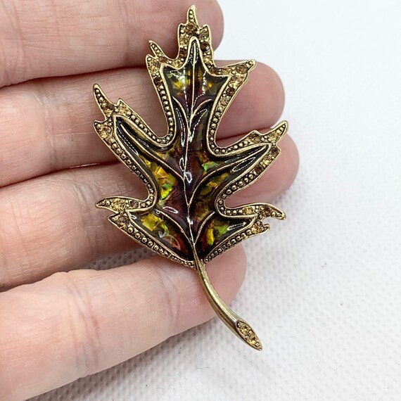 Vintage Gold Tone Liz Claiborne Leaf Brooch Ename… - image 2
