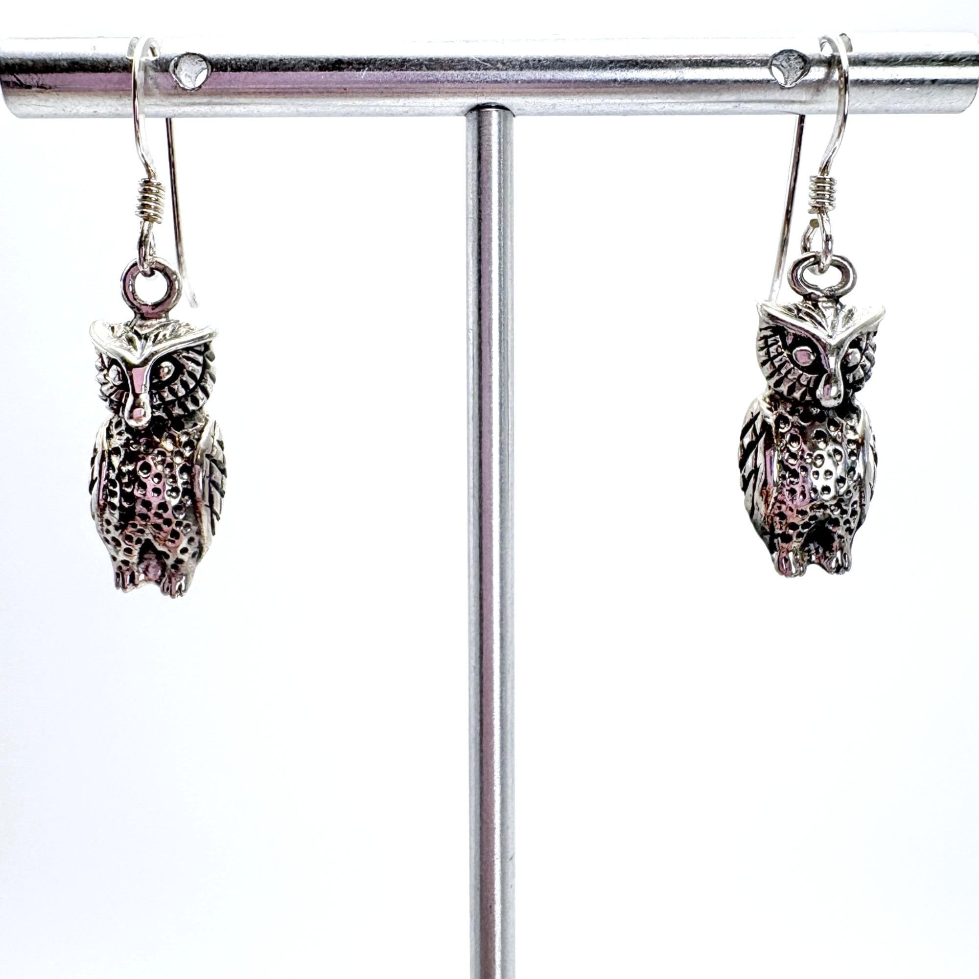 VTG Solid Sterling Silver 925 Textured Owl Dangle Earrings Size 1.25" Length