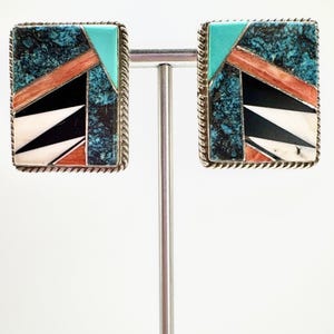 VTG Sterling Silver Navajo Paul Largo Turquoise Multi Stone Inlay Earrings 1&quot; L