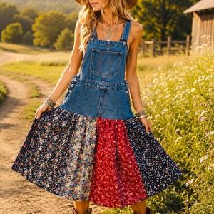 May include: A denim overall dress featuring a blue jean bodice with a front pocket and a midi-length skirt composed of three distinct floral patterned fabric panels in shades of navy blue, light blue, and red, paired with a tan wide-brimmed hat.