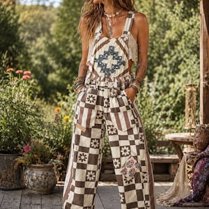 May include: Overalls featuring a brown and cream checkered pattern with white flower motifs throughout. The garment includes a bib with a dark blue and cream geometric star design, two front pockets, and a frayed hemline at the bottom of the legs.