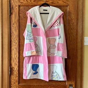 Hooded Mid-Length Quilt Coat with Hidden Side Pockets Made From a Vintage Holly Hobbie 1970s Cotton Quilt