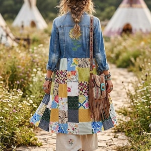 Patchwork Sunflower Denim Duster