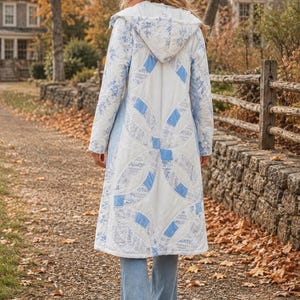May include: A long, hooded coat featuring a white and light blue quilted pattern with a double wedding ring design. The coat has long sleeves and a full-length silhouette, constructed from fabric panels with floral and plaid prints in blue and white.