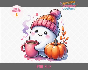 Cute Ghost, Watercolor Pink Ghost PNG, Ghost with coffee mug clipart, Cute ghost with knit hat sublimation art, pumpkin spice png, Halloween