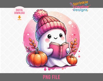 Cute Ghost with Book Clipart, Watercolor Ghost with Butterfly PNG, Pumpkin Spice Sublimation Art, Halloween Digital Download, knit hat png