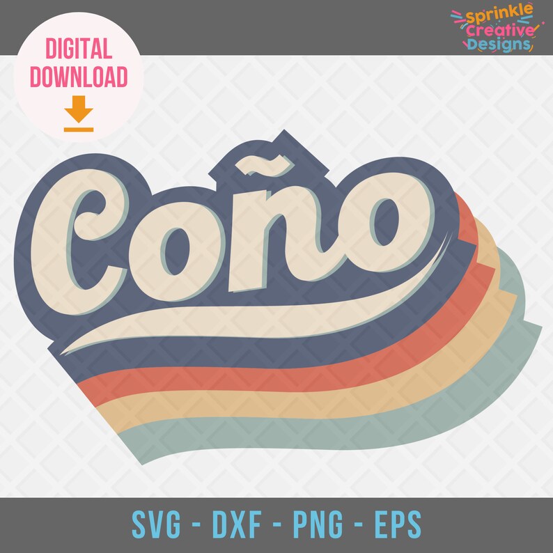 May include: Retro-style graphic design with the word "Cono" in a blue, white, and yellow color scheme. The word is layered over a series of colorful stripes in a wave pattern.